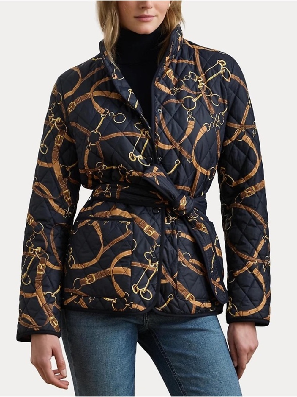 NWT Lauren Ralph Lauren Equestrian Belting Print Quilted Jacket Belted Navy SP